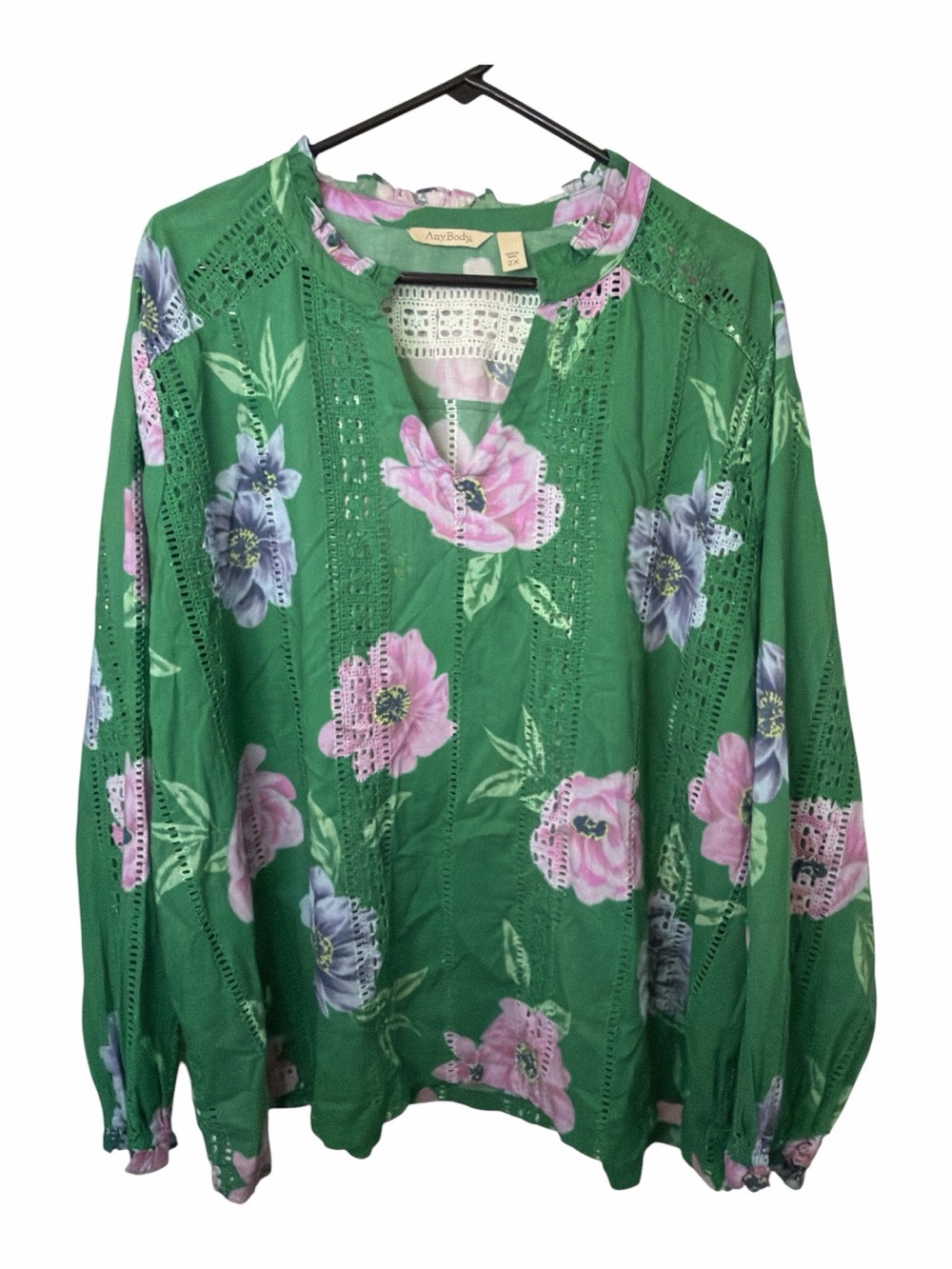 Anybody Green Floral Eyelet Long Sleeve Peasant Blouse